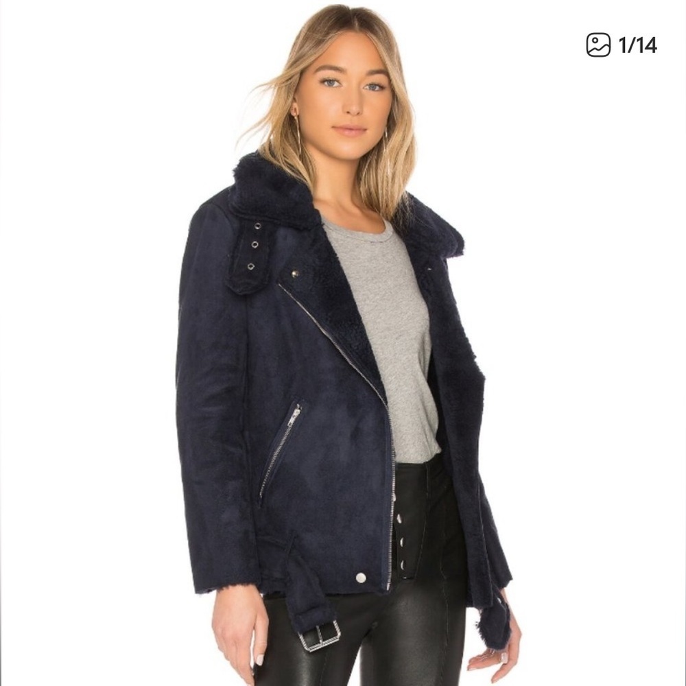 J.O.A. Dark Blue Faux Shearling Moto Jacket